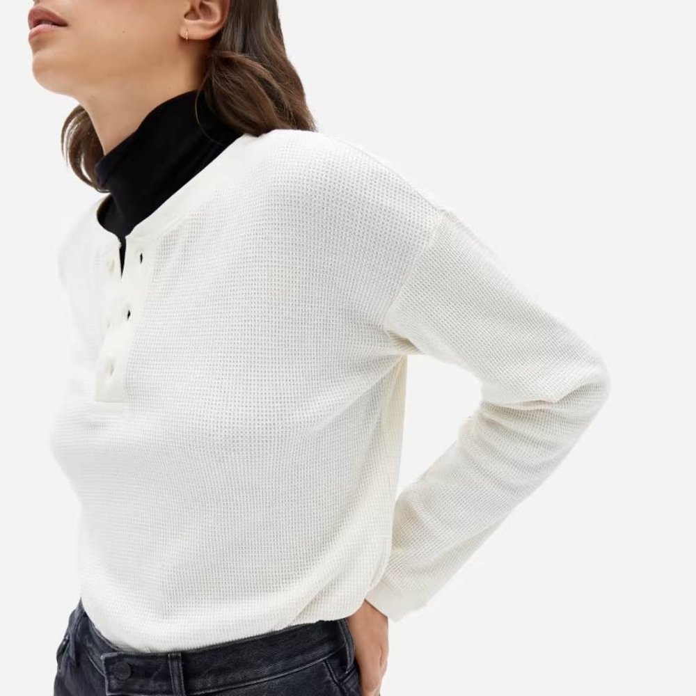 Everlane The Organic Cotton Waffle Henley - White - Size L